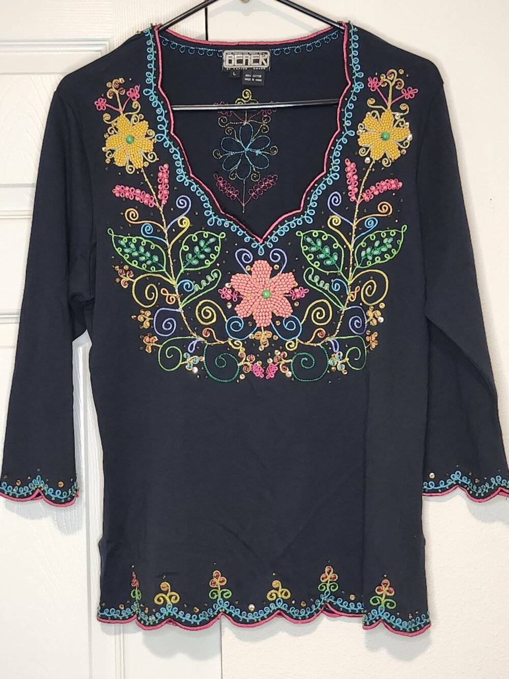 Berek by Takako Sakon Beaded Floral Embroidered Top Black Boho Size L